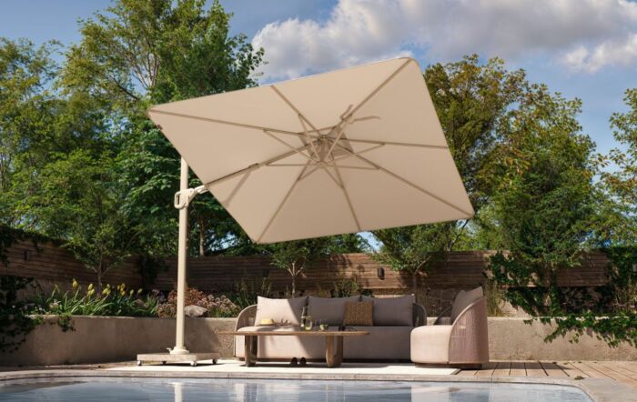 Pacific Lifestyle Nexus T2 Premium Sandstone/Champagne Free Arm Parasol With Venezia 90kg Ceramic Wheeled Base