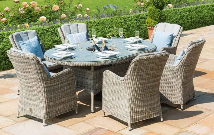 Maze Oxford Grey 6 Seat Oval Dining Set With Ice Bucket & Venice Chairs Maze Oxford Grey 6 Seat Oval Dining Set With Ice Bucket & Venice Chairs