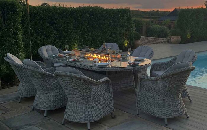 Maze Oxford 8 Seat Oval Fire Pit Dining Set with Heritage Chairs Maze Oxford 8 Seat Oval Fire Pit Dining Set with Heritage Chairs