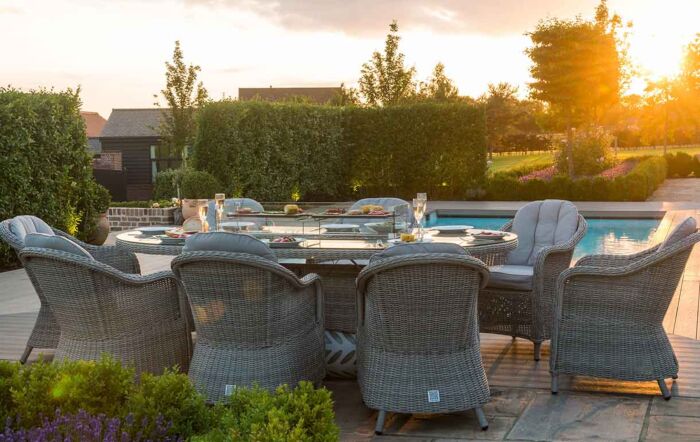Maze Oxford 8 Seat Oval Fire Pit Dining Set with Heritage Chairs Maze Oxford 8 Seat Oval Fire Pit Dining Set with Heritage Chairs