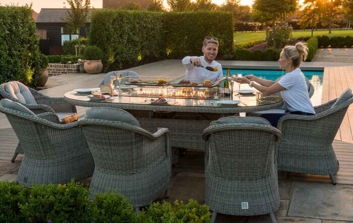 Maze Oxford 8 Seat Oval Fire Pit Dining Set with Heritage Chairs Maze Oxford 8 Seat Oval Fire Pit Dining Set with Heritage Chairs