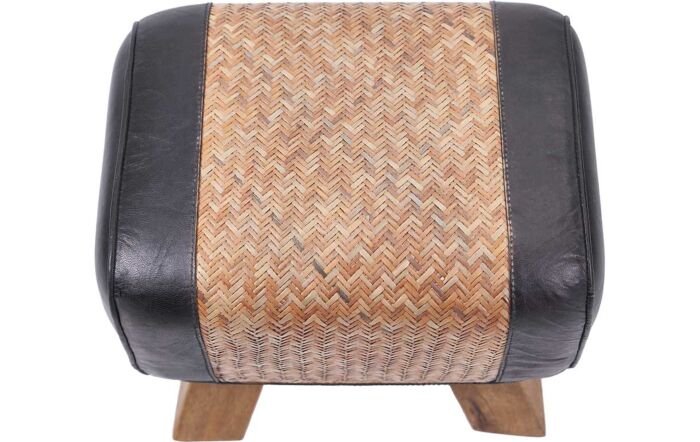 Pacific Lifestyle Pommello Black Leather, Woven Rattan and Wood Stool Pacific Lifestyle Pommello Black Leather, Woven Rattan and Wood Stool