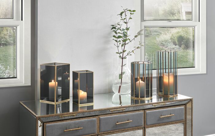 Pacific Lifestyle Smoked Glass And Brass Metal Small Round Hurricane Pacific Lifestyle Smoked Glass And Brass Metal Small Round Hurricane