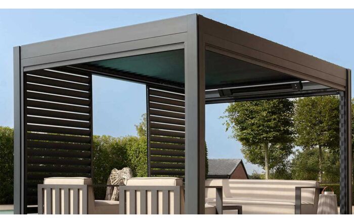 Maze Eden 4m x 4m Aluminium Outdoor Pergola Plus 3 Drop Sides & 4m Louvre Wall Maze Eden 4m x 4m Aluminium Outdoor Pergola Plus 3 Drop Sides & 4m Louvre Wall
