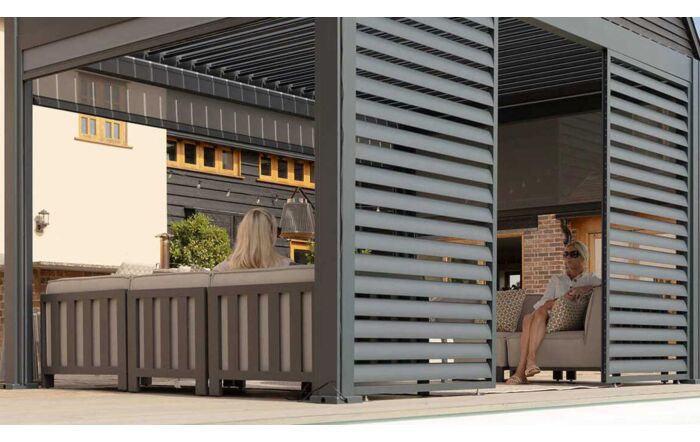 Maze Eden 4m x 4m Aluminium Outdoor Pergola Plus 3 Drop Sides & 4m Louvre Wall