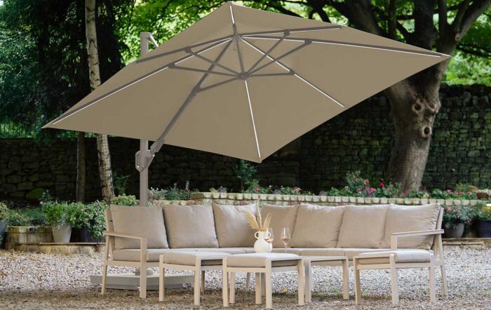 Pacific Lifestyle Glow Challenger T2 3m Square Sandstone-Champagne Free Arm Parasol And Ceramica Sand Filled Wheeled Base 90Kg