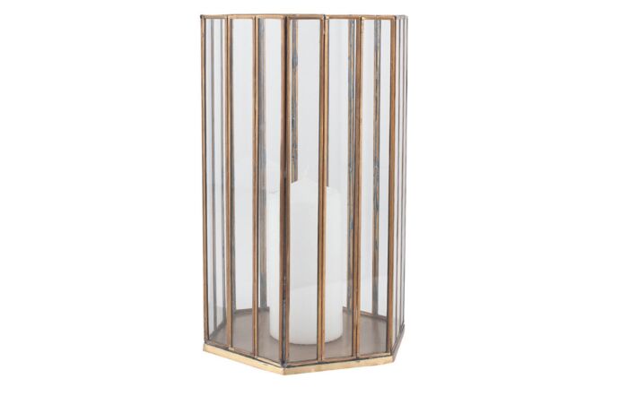 Pacific Lifestyle Shiny Brass Metal & Glass Hexagonal Large Lantern Pacific Lifestyle Shiny Brass Metal & Glass Hexagonal Large Lantern