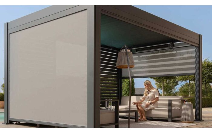 Maze Eden 4m x 4m Aluminium Outdoor Pergola Plus 3 Drop Sides & 4m Louvre Wall
