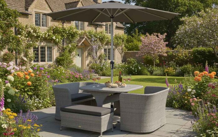 Bramblecrest Tetbury 8 Seat Balcony Set with Tree-Free Top, Parasol and Base - Graphite