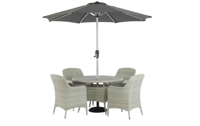 Bramblecrest Tetbury Round Four Seater Dining Set with Parasol - Cloud Bramblecrest Tetbury Round Four Seater Dining Set with Parasol - Cloud