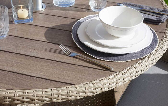 Bramblecrest Tetbury Tree Free Six Seat Round Dining Set with Parasol - Cloud Bramblecrest Tetbury Tree Free Six Seat Round Dining Set with Parasol - Cloud