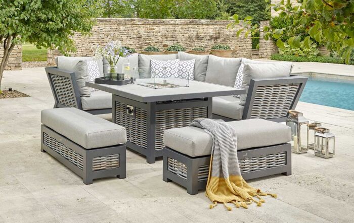 Bramblecrest Tuscan Corner Sofa Garden Set with Firepit Table - Grey