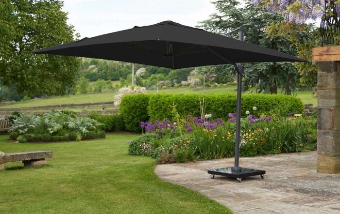 Pacific Lifestyle Challenger T2 3.5m x 2.6m Faded Black Cantilever Parasol With 90kg Wheeled Base-18-194-FB & 18-125