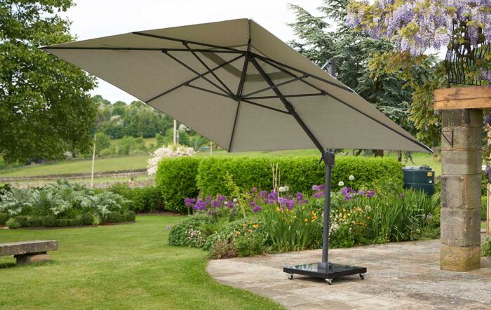 Pacific Lifestyle Challenger T2 3.5 x 2.6m Rectangular Luna Grey Free Arm Parasol With 90kg Wheeled Base-18-304-LG & 18-125