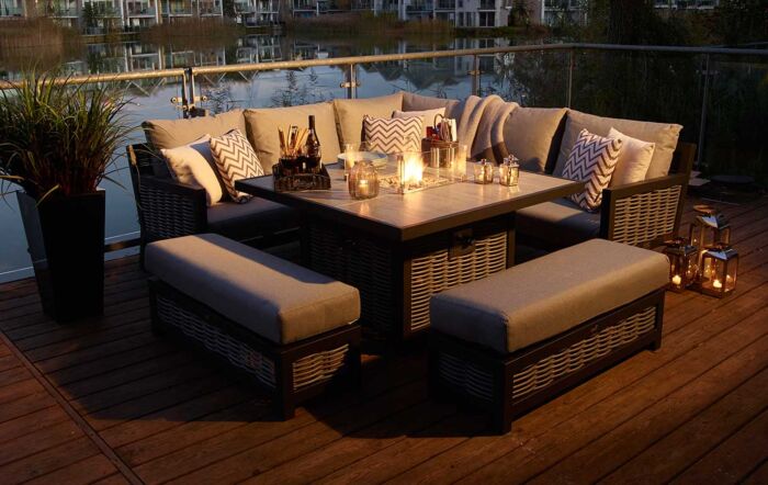 Bramblecrest Portofino Rattan Corner Firepit Set with Square Ceramic Table - Grey-X21APTSCDT4FP