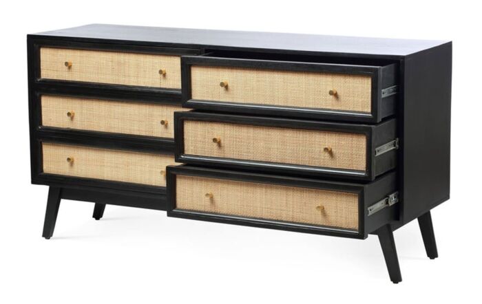Desser Venice Wide 6 Drawer Chest Unit Rattan & Mango Wood in Black-22060