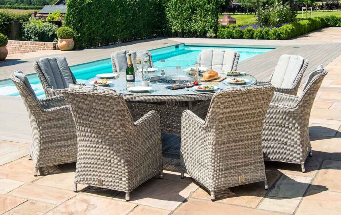 Maze Oxford 8 Seat Fire Pit Dining Set with Venice Chairs and Lazy Susan-KIT-OX-180-RFP-HC-LS
