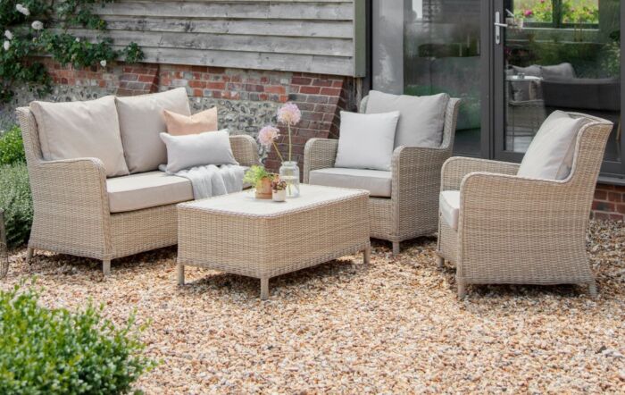 Bramblecrest Chedworth Garden Rattan 2 Seat Sofa with 2 Armchairs and Rectangle Coffee Table - Sandstone-X21WCWCS2C