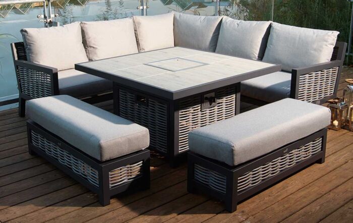 Bramblecrest Portofino Rattan Corner Firepit Set with Square Ceramic Table - Grey-X21APTSCDT4FP
