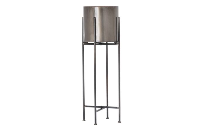 Hill Interiors Gun Metal Grey Cylindrical Planter On Black Frame-19504