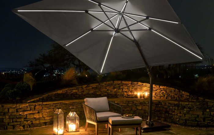 Pacific Lifestyle LED Glow Lighting Side Arm Parasol with Polished Granite Base - Luna Light Grey-18-111-LG